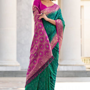 Efflorescence Dark Green Soft Banarasi Silk Saree With Inimitable Blouse Piece