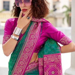 Efflorescence Dark Green Soft Banarasi Silk Saree With Inimitable Blouse Piece