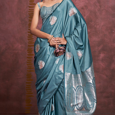 Ethereal Blue Banarasi Satin Silk Saree With Tempting Blouse