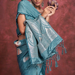 Ethereal Blue Banarasi Satin Silk Saree With Tempting Blouse