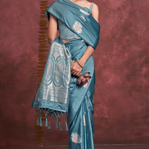 Ethereal Blue Banarasi Satin Silk Saree With Tempting Blouse
