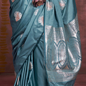 Ethereal Blue Banarasi Satin Silk Saree With Tempting Blouse