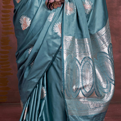Ethereal Blue Banarasi Satin Silk Saree With Tempting Blouse