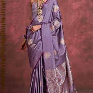 Glorious Lavender Banarasi Satin Silk Saree With Ratatouille Blouse
