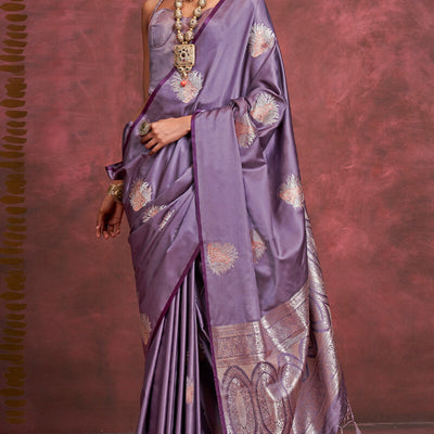Glorious Lavender Banarasi Satin Silk Saree With Ratatouille Blouse