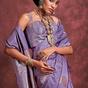 Glorious Lavender Banarasi Satin Silk Saree With Ratatouille Blouse