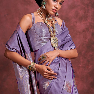 Glorious Lavender Banarasi Satin Silk Saree With Ratatouille Blouse