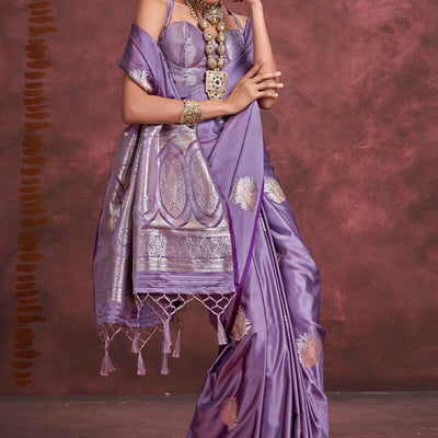 Glorious Lavender Banarasi Satin Silk Saree With Ratatouille Blouse