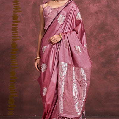 Petrichor Pink Banarasi Satin Silk Saree With Outstanding Blouse