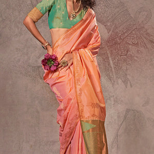 Breathtaking Peach Two Tone Soft Banarasi Silk Saree With Marvellous Blouse