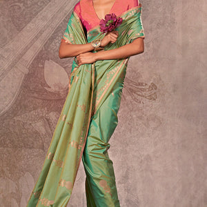 Prominent Pista Two Tone Soft Banarasi Silk Saree With Precious Blouse