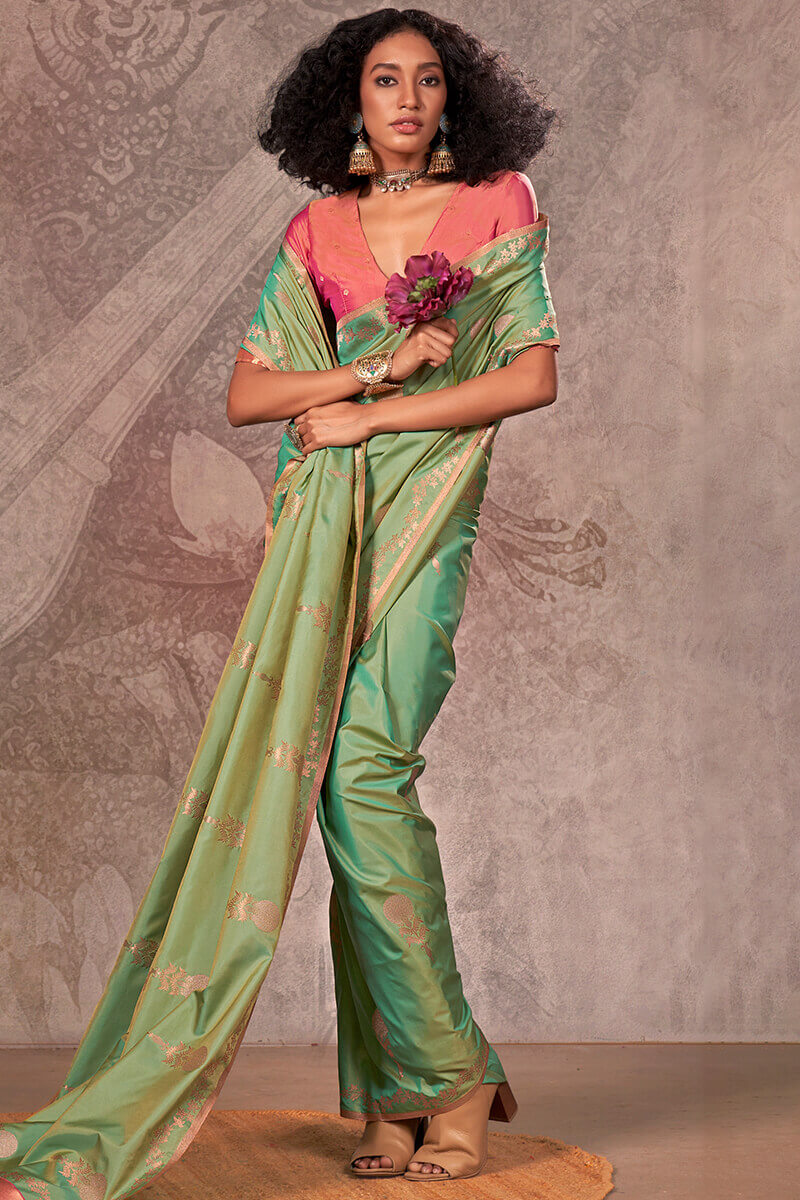 Prominent Pista Two Tone Soft Banarasi Silk Saree With Precious Blouse