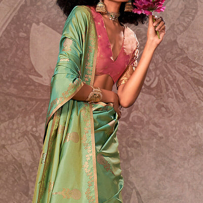 Prominent Pista Two Tone Soft Banarasi Silk Saree With Precious Blouse