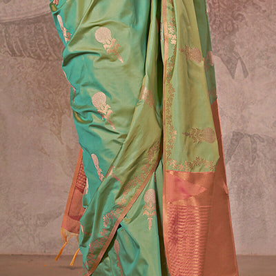 Prominent Pista Two Tone Soft Banarasi Silk Saree With Precious Blouse