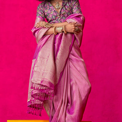 Trendy Magenta Soft Banarasi Tissue Silk Saree With Pleasant Blouse Piece