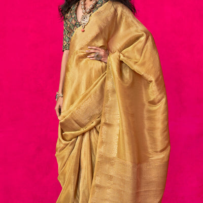Engrossing Yellow Soft Banarasi Tissue Silk Saree With Scintilla Blouse Piece