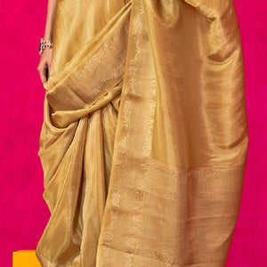 Engrossing Yellow Soft Banarasi Tissue Silk Saree With Scintilla Blouse Piece