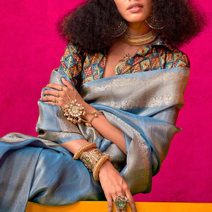 Ravishing Blue Soft Banarasi Tissue Silk Saree With Seraphic  Blouse Piece