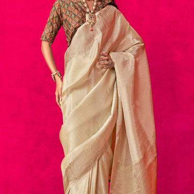 Vivacious Beige Soft Banarasi Tissue Silk Saree With Bewitching Blouse Piece
