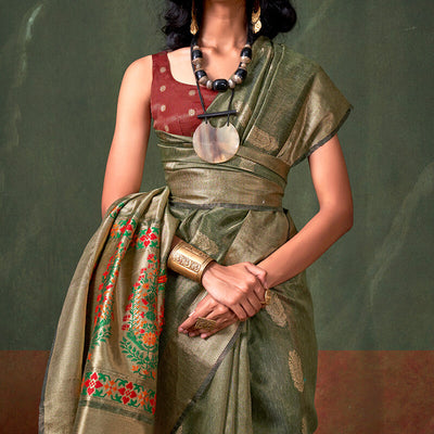 Cynosure Green Paithani Pure Tissue Silk Saree With Bewitching Blouse Piece