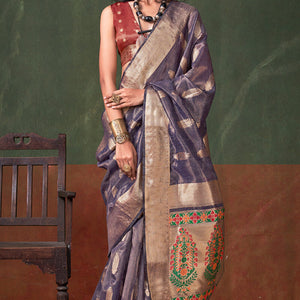 Blissful Blue Paithani Pure Tissue Silk Saree With Grandiose Blouse Piece
