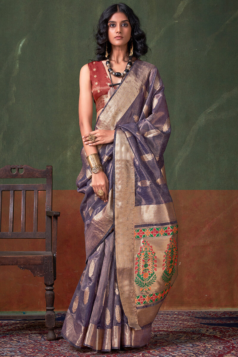 Blissful Blue Paithani Pure Tissue Silk Saree With Grandiose Blouse Piece