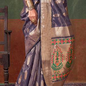 Blissful Blue Paithani Pure Tissue Silk Saree With Grandiose Blouse Piece