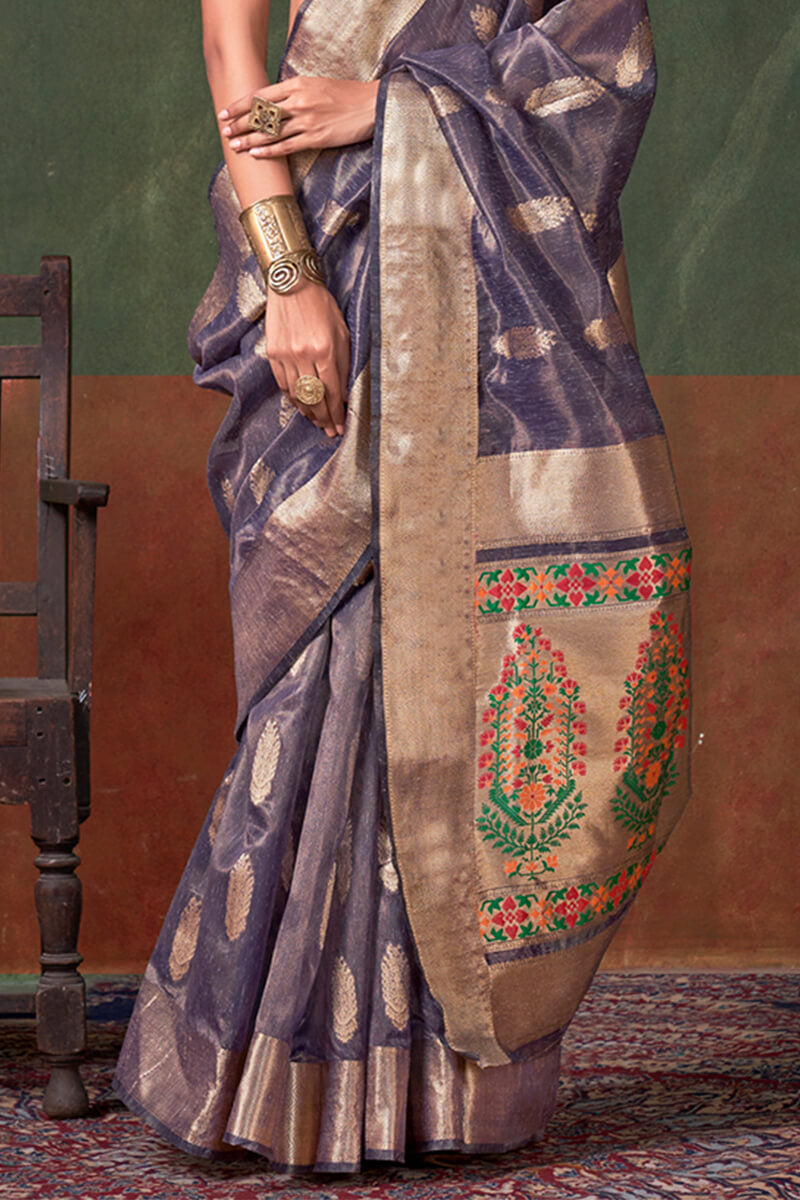 Blissful Blue Paithani Pure Tissue Silk Saree With Grandiose Blouse Piece