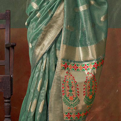 Lissome Sea Green Paithani Pure Tissue Silk Saree With Ailurophile Blouse Piece
