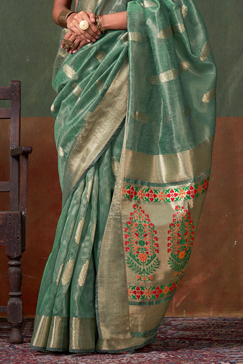 Lissome Sea Green Paithani Pure Tissue Silk Saree With Ailurophile Blouse Piece