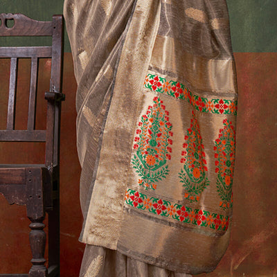 Snazzy Brown Paithani Pure Tissue Silk Saree With Smashing Blouse Piece