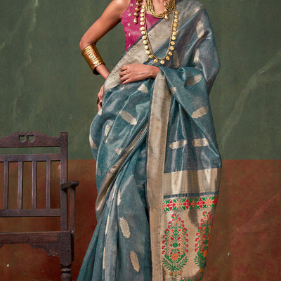 Piquant Rama Paithani Pure Tissue Silk Saree With Enticing Blouse Piece