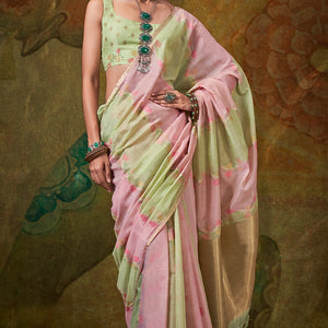 Gossamer Green and Pink Cotton Silk Saree With Susurrous Blouse Piece