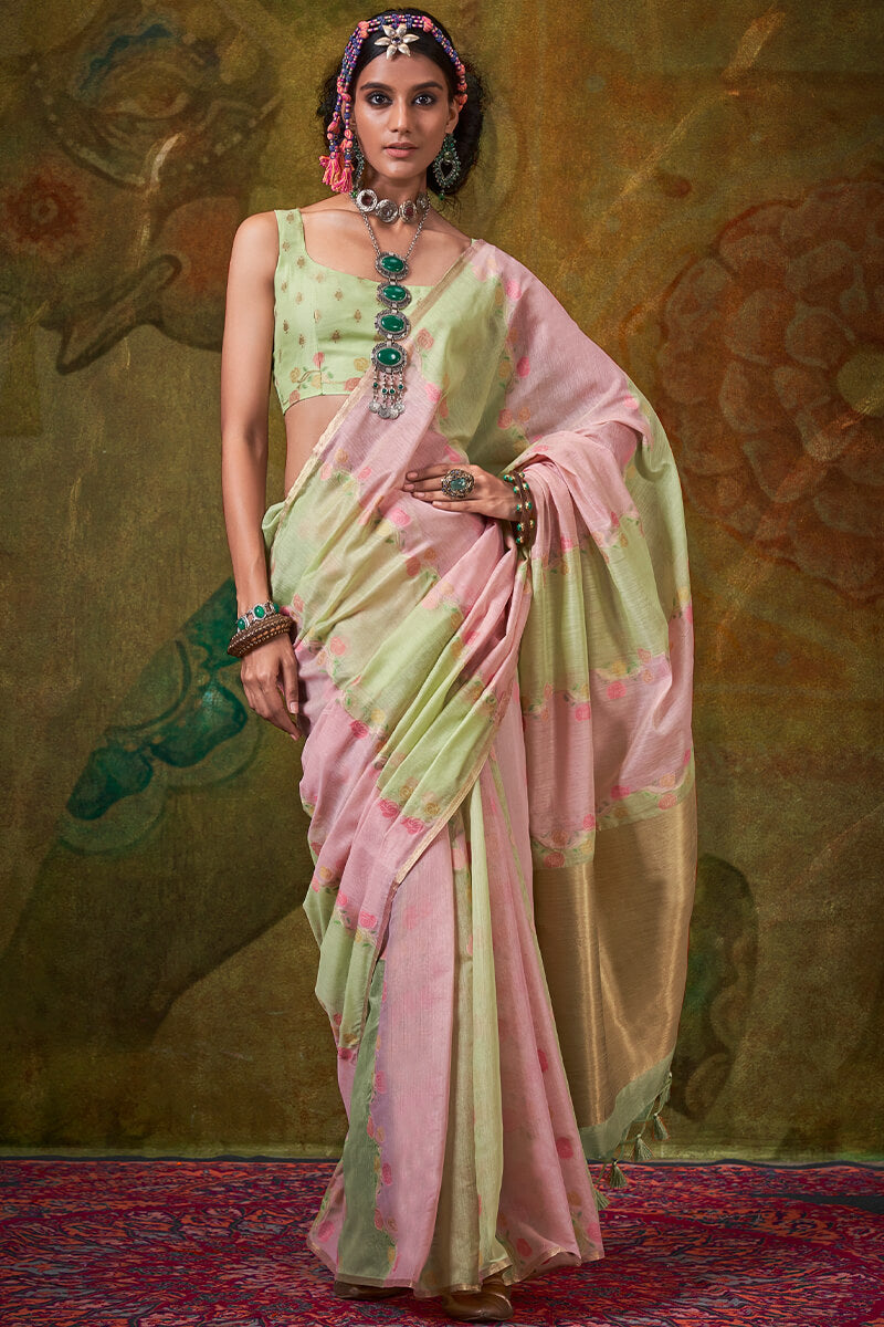 Gossamer Green and Pink Cotton Silk Saree With Susurrous Blouse Piece