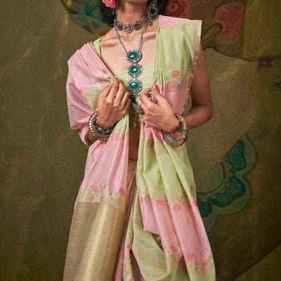 Gossamer Green and Pink Cotton Silk Saree With Susurrous Blouse Piece
