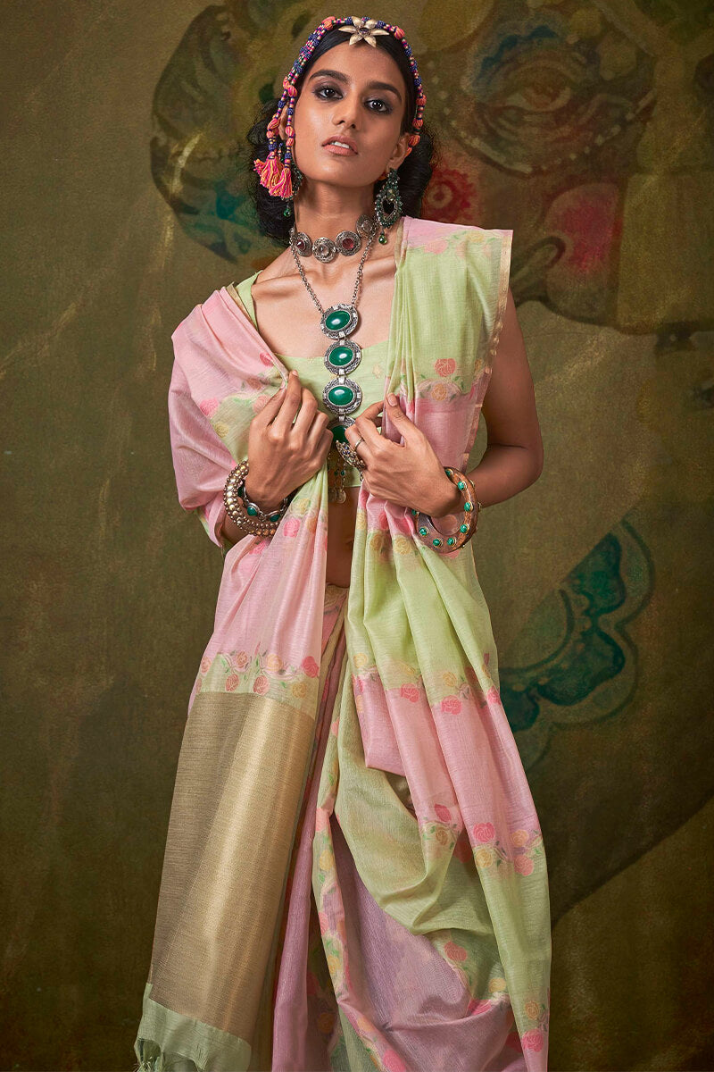Gossamer Green and Pink Cotton Silk Saree With Susurrous Blouse Piece