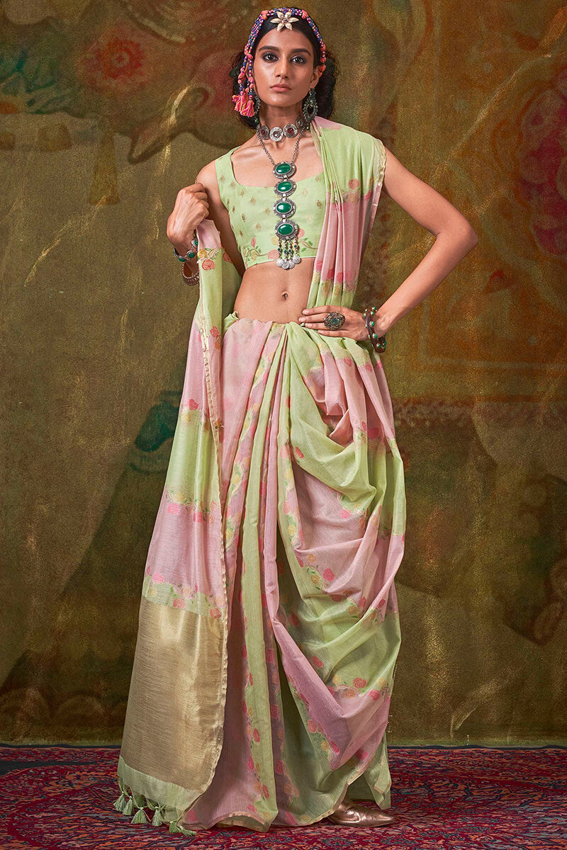 Gossamer Green and Pink Cotton Silk Saree With Susurrous Blouse Piece