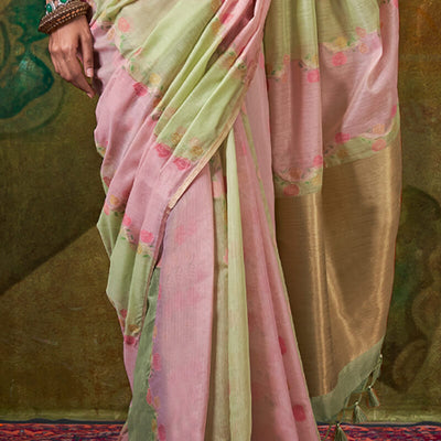 Gossamer Green and Pink Cotton Silk Saree With Susurrous Blouse Piece