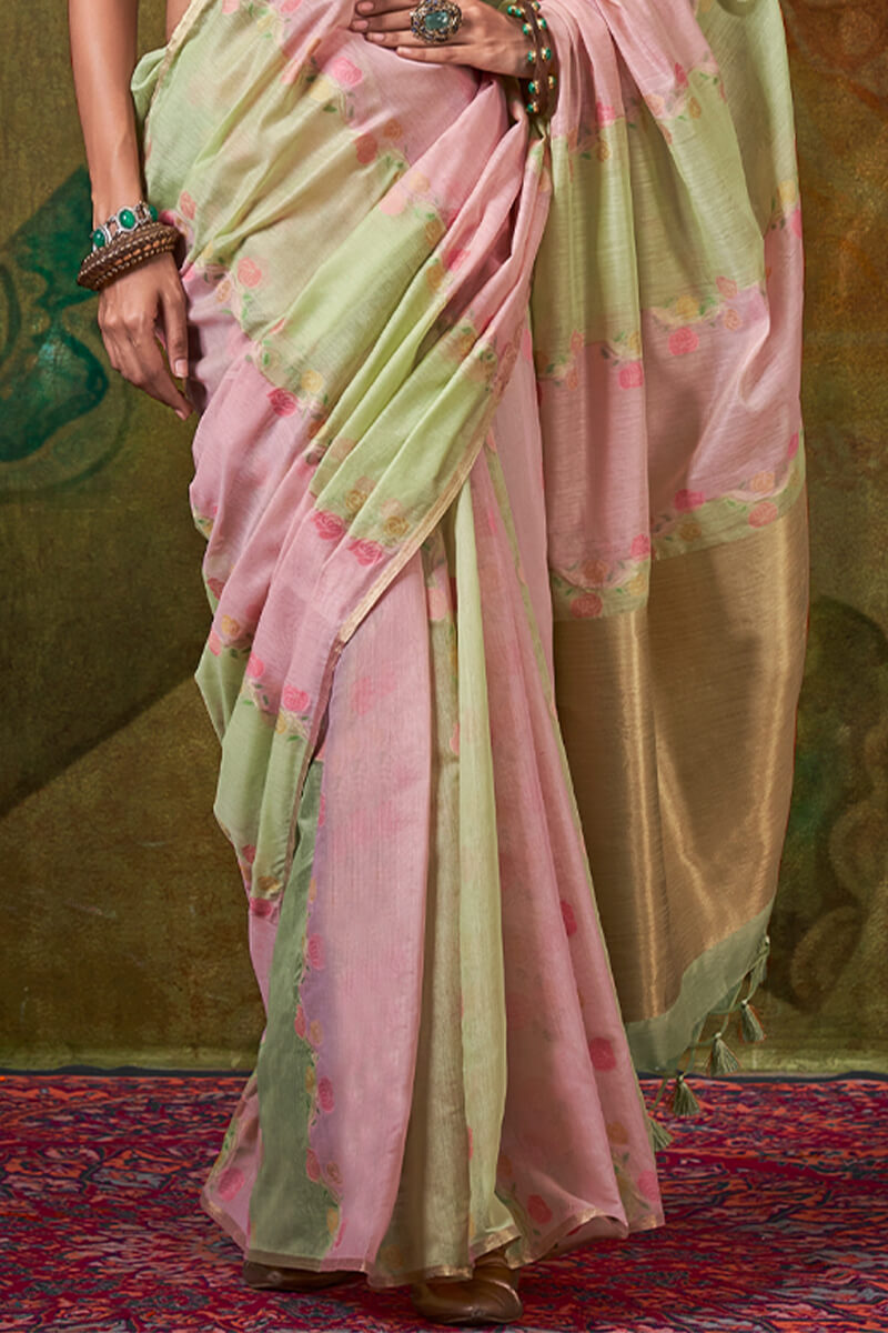 Gossamer Green and Pink Cotton Silk Saree With Susurrous Blouse Piece