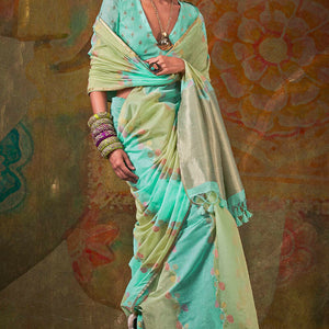 Bewitching Turquoise Cotton Silk Saree With Desirable Blouse Piece