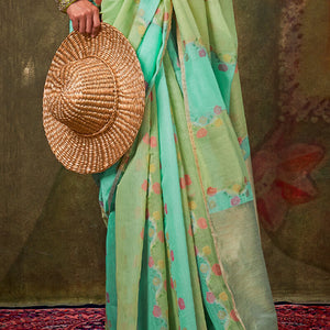Bewitching Turquoise Cotton Silk Saree With Desirable Blouse Piece