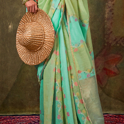 Bewitching Turquoise Cotton Silk Saree With Desirable Blouse Piece