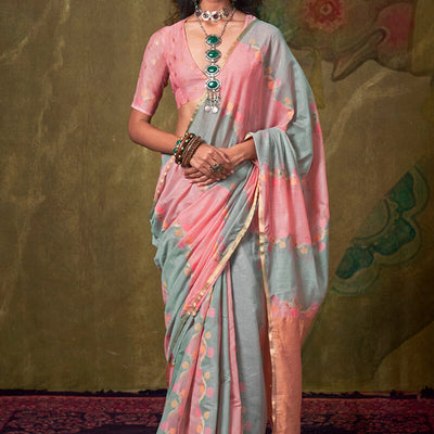 Nectarous Pink and Grey Cotton Silk Saree With Devastating Blouse Piece