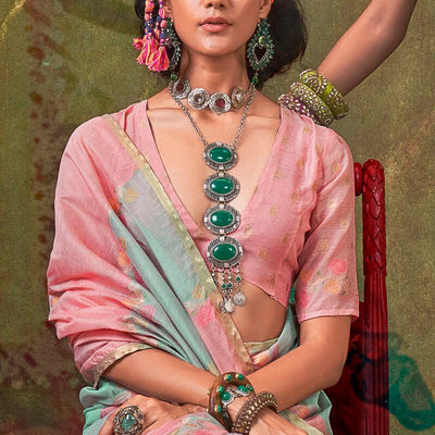 Nectarous Pink and Grey Cotton Silk Saree With Devastating Blouse Piece