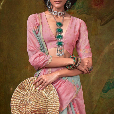 Nectarous Pink and Grey Cotton Silk Saree With Devastating Blouse Piece