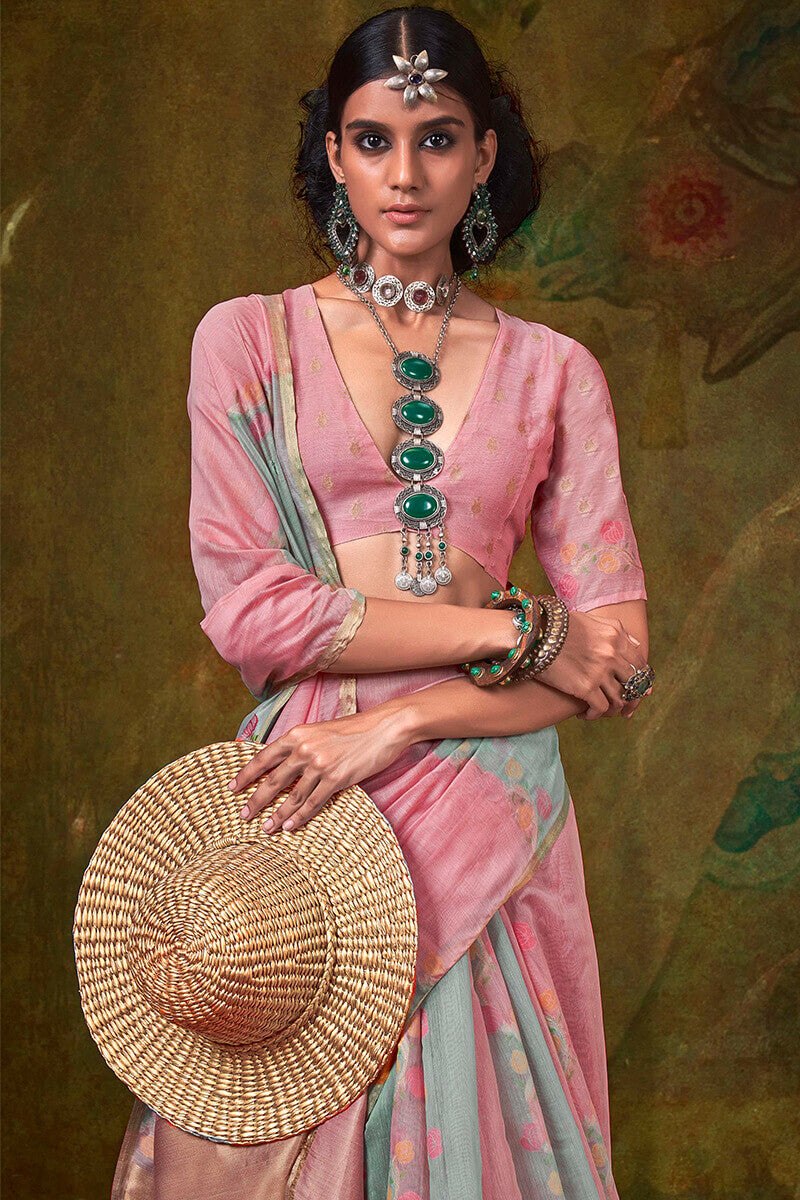 Nectarous Pink and Grey Cotton Silk Saree With Devastating Blouse Piece