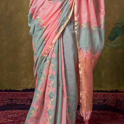 Nectarous Pink and Grey Cotton Silk Saree With Devastating Blouse Piece