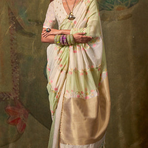 Whimsical Beige and Pista Cotton Silk Saree With Seraphic Blouse Piece