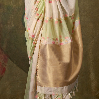 Whimsical Beige and Pista Cotton Silk Saree With Seraphic Blouse Piece