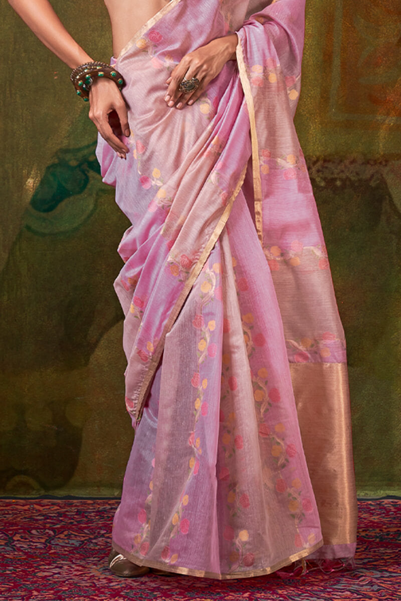 Alluring Pink Cotton Silk Saree With Blooming Blouse Piece